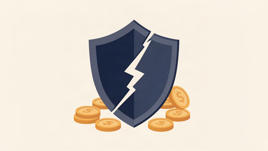 A cracked shield with scattered coins, representing fraud losses